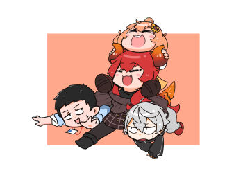 Rule 34 | 2boys, 2girls, ahoge, black jacket, black shirt, blue shirt, blush stickers, buttons, carrying, carrying multiple people, carrying person, carrying under arm, chibi, dokuzuhonsha, dola (2nd costume) (nijisanji), dola (nijisanji), dragon girl, dragon horns, dragon tail, dress, ear piercing, fang, flower, grey hair, grey pants, hair between eyes, hair flower, hair ornament, highres, honma himawari, honma himawari (6th costume), horn grab, horns, jacket, jitome, kuzuha (1st costume) (nijisanji), kuzuha (nijisanji), lanyard, long hair, mabushi, mole, mole under eye, multiple boys, multiple girls, nijisanji, open mouth, orange background, orange hair, outstretched arms, pants, piercing, piggyback, plaid clothes, plaid skirt, pointy ears, red hair, shirt, skirt, sleeveless, slippers, smile, sunflower, sunflower hair ornament, sweatdrop, tail, teeth, track jacket, upper teeth only, virtual youtuber, white background, yashiro kizuku, yashiro kizuku (1st costume), yellow dress