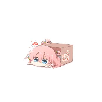 &gt;_&lt; 1girl blue_eyes bocchi_the_rock! box cardboard_box chibi cube_hair_ornament gotoh_hitori gotoh_hitori_(octopus) gotoh_hitori_(tsuchinoko) grey_skirt hair_between_eyes hair_ornament in_box in_container jacket jitome long_hair long_sleeves lying mushroom_on_head on_stomach one_side_up pink_hair pink_jacket pleated_skirt rebecca_(keinelove) simple_background skirt sleeves_past_wrists track_jacket translation_request turn_pale very_long_hair white_background