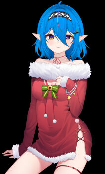 1girl ahoge arm_at_side arm_support artist_self-insert bell black_background black_hairband blue_hair blush bow breasts choker christmas cleavage cleavage_cutout closed_mouth clothing_cutout collarbone commentary covered_navel cowboy_shot curled_fingers denda_dennym denda_dennym_(artist) dress elf english_commentary eyebrows_hidden_by_hair fur-trimmed_dress fur-trimmed_sleeves fur_trim green_bow hair_between_eyes hair_intakes hair_ornament hairband hairclip hand_up indie_virtual_youtuber jingle_bell light_smile lolita_hairband long_bangs long_sleeves looking_at_viewer medium_breasts medium_hair multicolored_hair pointy_ears pom_pom_(clothes) purple_hair red_dress red_ribbon ribbon ribbon_choker side_slit simple_background sitting sleeves_past_wrists solo streaked_hair striped_bow thigh_strap two-tone_hair two-tone_hairband virtual_youtuber white_hairband yellow_eyes