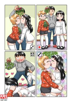 1boy 2girls bandaid bandaid_on_face bandaid_on_nose black_hair black_shoes black_shorts blonde_hair blue_pants blush bow bow_panties bra bra_strap breasts brown_eyes bubble_background christmas christmas_sweater christmas_tree_print closed_eyes comic denim freckles french_kiss green_eyes grey_hoodie hairband heart holding holding_hands holding_mistletoe honey-chan_(marup) hood hoodie hug jeans katherine_(marup) kiss large_breasts leaning_forward loli long_hair long_sleeves looking_at_another lying marup mistletoe multiple_girls off-shoulder_sweater off_shoulder oppai_loli original oversized_clothes oversized_sweater panties panties_around_leg panties_around_one_ankle pants print_sweater rainbow_background red_bow red_shoes red_sweater shirt shoes shorts smile sneakers snowflake_print socks standing surprised sweater thighhighs tongue tongue_out underwear white_bra white_panties white_shirt white_socks white_sweater white_thighhighs yuri