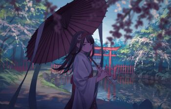 1girl black_hair blurry blurry_foreground commission day expressionless fence hairband hakama hakama_skirt holding holding_umbrella japanese_clothes long_hair miko mountain oil-paper_umbrella original outdoors pond red_hairband shrine skeb_commission skirt solo tensen_(dotted_line) torii umbrella water wide_sleeves