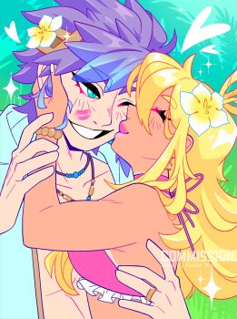 1boy 1girl ahoge blonde_hair blue_eyes female_kiran_(fire_emblem) female_kiran_(fire_emblem)_(sky_superdeluxe) fire_emblem fire_emblem_heroes flower hair_flower hair_ornament heart heart_ahoge highres hrid_(fire_emblem) hrid_(summer)_(fire_emblem) jewelry kiran_(fire_emblem) kiss kissing_cheek lipstick_mark nintendo purple_hair ring wedding_ring xander_wolk