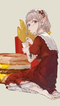 1girl absurdres barefoot bow burger commentary_request cup disposable_cup dress drinking_straw earrings eating elu_(8th_costume)_(nijisanji) elu_(nijisanji) food food_in_mouth french_fries frilled_hairband frills from_behind full_body glasses grey_background grey_hair hairband highres holding holding_cup jewelry kneeling layered_dress looking_at_viewer looking_back medium_dress nashimisaki_futakotamagawa nijisanji oversized_food oversized_object pointy_ears puritan_collar red_bow red_dress red_eyes red_hairband round_eyewear short_hair short_sleeves sidelocks solo turning_head virtual_youtuber wrinkled_fabric