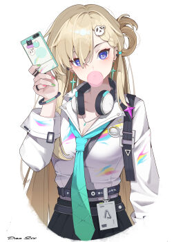 1girl absurdres aqua_necktie black_skirt blonde_hair blowing_bubble_gum braid braided_bangs breasts cellphone chewing_gum cleavage collarbone commentary dao_qie earrings green_nails hair_between_eyes hair_ornament hand_up headphones headphones_around_neck highres holding holding_phone id_card jewelry long_hair looking_at_viewer lynae_(wuthering_waves) medium_breasts multicolored_nails necklace necktie phone pink_nails purple_eyes shirt shirt_tucked_in signature skirt skull_hair_ornament smartphone solo star_(symbol) star_earrings very_long_hair white_shirt wuthering_waves