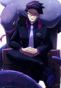 1boy arbok black-framed_eyewear black_coat black_pants chair coat collared_shirt commentary_request corbeau_(pokemon) figure_four_sitting forked_tongue gen_1_pokemon glasses highres lapels layered_sleeves long_sleeves looking_at_viewer male_focus misonikomiii necktie nintendo open_mouth own_hands_together pants parted_hair pokemon pokemon_(creature) pokemon_legends:_z-a purple_hair purple_shirt round_eyewear shirt shoes short_hair sitting smile solo tassel tongue tongue_out white_necktie wing_collar yellow_eyes