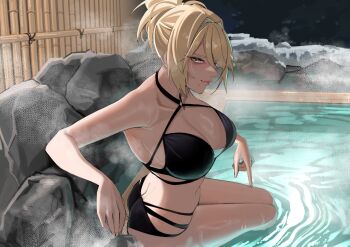 1girl ass bikini black_bikini blonde_hair breasts cleavage closed_mouth commentary_request high_ponytail highres large_breasts looking_at_viewer nagasaki_ken_(stellar_wind) onsen original partial_commentary partially_submerged ponytail smile solo steam swimsuit