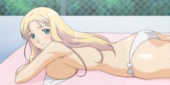 1girl absurdres anime_screenshot ass bikini blonde_hair blush breast_press breasts date_wingfield_reiko fault!! from_side green_eyes highres large_breasts long_hair looking_back lying on_stomach sideboob smile solo stitched sunbathing swimsuit third-party_edit topless_female towel untied_bikini white_bikini