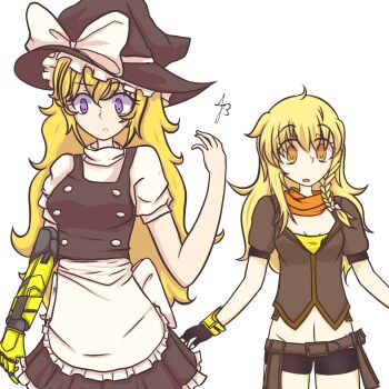 2girls blonde_hair braid brown_shirt cosplay costume_switch haronashi hat highres kirisame_marisa long_hair mechanical_arms midriff_peek multiple_girls navel orange_eyes pale_skin purple_eyes rwby shirt side_braid surprised touhou wavy_hair witch_hat yang_xiao_long