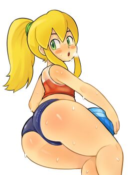 1girl 4chan :o android ass ball blonde_hair blue_buruma blush_stickers breath buruma clothes_writing crop_top drawfag energy_tank feet_out_of_frame from_behind full_body green_eyes highres holding holding_ball kyojiri_loli loli long_hair long_sidelocks looking_at_viewer looking_back mega_man_(classic) mega_man_(series) open_mouth ponytail sidelocks simple_background sleeveless solo sportswear sweat volleyball_(object) volleyball_uniform white_background