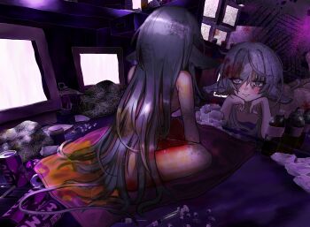 1girl 56koruru after_masturbation animal_ears blood blood_on_hands blood_splatter broken_glass can completely_nude crossed_ankles crt different_reflection drink_can full_body glass glass_shard heterochromia highres id_and_i lolratz long_hair looking_at_reflection lying mirror non-web_source nude on_back on_bed on_stomach pink_eyes pink_hair purple_eyes reflection self-harm seraline sitting too_many_cans very_long_hair