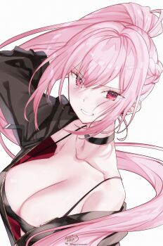 1girl absurdres alternate_costume braid breasts cleavage commentary english_commentary grin half_up_braid hand_up high_ponytail highres hololive hololive_english kamiya_maneki large_breasts long_hair looking_at_viewer mori_calliope off_shoulder partially_unzipped pink_eyes pink_hair ponytail simple_background smile solo spaghetti_strap upper_body virtual_youtuber white_background