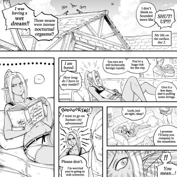 Rule 34 | ..., 1boy, 1girl, absurdres, barefoot, bb (baalbuddy), book, brother and sister, brother and step-sister, casual, couch, dark-skinned female, dark elf, dark skin, elf, english text, highres, holding, holding book, long hair, lowleg, lowleg shorts, lying, on back, on couch, open book, original, pointy ears, ponytail, reading, short shorts, shorts, siblings, speech bubble, spoken ellipsis, step-brother and step-sister, step-siblings, willford diccard, zana (dark elf stepsister)