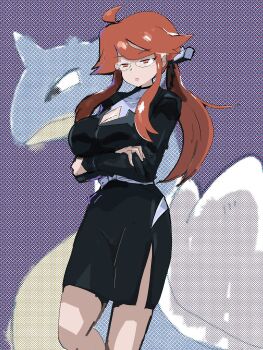 1girl ahoge black_suit breasts business_suit cleavage commentary_request crossed_arms formal_clothes glasses highres horns jacket lapels large_breasts long_hair long_sleeves lorelei_(pokemon) low-cut nintendo pencil_skirt pokemon pokemon_(creature) pokemon_lgpe ponytail red_eyes red_hair setouchi_(blackse) shell sidelocks single_horn sketch skirt skirt_suit suit suit_jacket tsurime undershirt