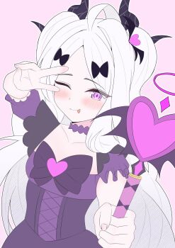 1girl ahoge atelier_seramist blue_archive breasts demon_girl demon_horns dress highres hina_(blue_archive) horns long_hair looking_at_viewer magical_girl purple_eyes simple_background small_breasts solo v very_long_hair white_hair