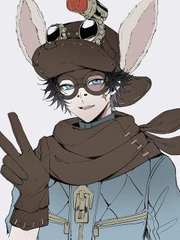 1boy animal_ears bandana black_hair blue_eyes blue_jacket bridge_piercing brown_bandana brown_gloves brown_hat face_piercing gloves goggles goggles_on_headwear hashtag-only_commentary hat highres identity_v jacket looking_at_viewer male_focus norton_campbell norton_campbell_(two-faced) official_alternate_costume piercing short_hair solo sushisushi_iiii upper_body w