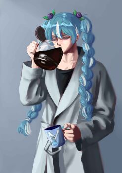 1girl absurdres aqua_nails blue_hair braid closed_eyes coat coffee coffee_pot cup drinking finland food-themed_hair_ornament fruit_hair_ornament gradient_background grey_background grey_coat hair_ornament hatsune_miku highres holding holding_cup leaf long_hair long_sleeves mug multicolored_hair soggiebagels solo streaked_hair twin_braids upper_body vocaloid white_hair worldwide_miku