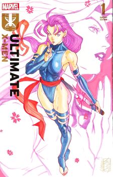 1girl acecore2k ass blue_bridal_gauntlets blue_eyes blue_eyeshadow blue_gloves blue_leotard breasts bridal_gauntlets commentary copyright_name cover_sketch earrings english_commentary eyeshadow floating_hair full_body gloves highleg highleg_leotard highres holding holding_sword holding_weapon hoop_earrings jewelry katana large_breasts leotard linea_alba long_hair low-tied_long_hair makeup marker marvel parted_lips pen_(medium) pink_nails pinup_(style) psylocke purple_hair red_sash sash sheath solo sword thigh_strap tight_clothes toeless_legwear traditional_media unsheathing weapon white_background x-men