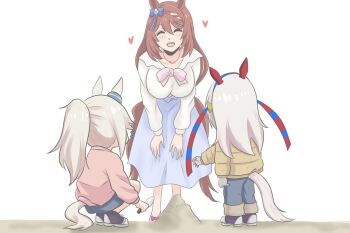 3girls aged_down ahoge animal_ears bent_over blue_bow blue_hairband blue_pants blue_shorts blue_skirt blush bow bowtie braid breasts brown_hair closed_eyes coat ear_bow ear_covers ear_ornament fingerless_gloves gloves grey_hair grey_tail hair_between_eyes hair_ornament hairband headband heart holding_trowel horse_ears horse_girl horse_tail large_breasts leaning_forward long_hair long_sleeves maro_(maro1108) multicolored_hair multiple_girls oguri_cap_(umamusume) open_mouth pants pink_bow pink_bowtie pink_sweater ponytail red_headband sand shirt shorts skirt smile streaked_hair striped_clothes striped_hairband super_creek_(casual)_(umamusume) super_creek_(umamusume) sweater tail tamamo_cross_(umamusume) trowel umamusume umamusume:_cinderella_gray very_long_hair white_gloves white_hair white_shirt yellow_coat