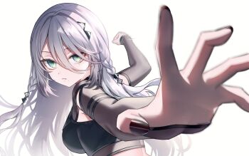 1girl black_nails black_shirt braid breasts commentary_request cropped_shirt detached_sleeves green_eyes grey_hair hair_ornament highres imminent_punch long_hair looking_at_viewer medium_breasts meme mole mole_under_each_eye mole_under_eye mole_under_mouth multiple_moles nail_polish neit_ni_sei nijisanji pepe_punch_(meme) see-through_clothes see-through_sleeves shirt side_braids solo sophia_valentine triangle_hair_ornament twin_braids virtual_youtuber