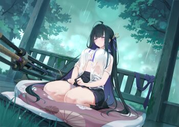 1girl ahoge bandaged_leg bandages black_hair black_skirt black_socks bow bow_bra bra breasts chitose_(stella_sora) cleavage colored_inner_hair dutch_angle full_body game_cg half-closed_eyes highres katana large_breasts long_hair long_sidelocks looking_to_the_side miniskirt mole mole_under_eye moss multicolored_hair neck_ribbon non-web_source official_art on_blanket one_side_up open_clothes open_shirt outdoors pleated_skirt purple_bow purple_eyes purple_hair purple_ribbon rain ribbon see-through_clothes see-through_shirt seiza shirt sidelocks sitting skirt socks solo stella_sora sword underwear undone_neck_ribbon very_long_hair very_long_sidelocks weapon weapon_rack wet wet_clothes wet_shirt white_bra white_shirt