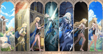 1girl absurdres age_progression alternate_costume armor arms_behind_back bare_legs bare_shoulders barefoot black_dress blonde_hair blue_sky book breasts cartethyia_(wuthering_waves) column_lineup commentary_request confetti crown_of_thorns day dress fleurdelys_(wuthering_waves) from_side gladiator halo helmet highres holding holding_book holding_sword holding_unworn_helmet holding_weapon indoors large_breasts legs outdoors pointy_ears sakatsuki_yakumo sky sword tabard unworn_headwear unworn_helmet weapon white_tabard wuthering_waves