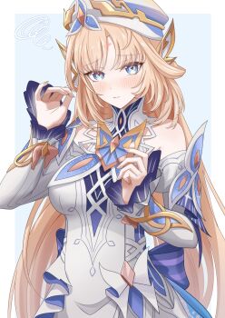 1girl bare_shoulders beret blonde_hair blue_eyes blush closed_mouth commentary_request cross-shaped_pupils dress facial_mark forehead_mark genshin_impact hat high_collar highres long_hair looking_at_viewer mon-chan multicolored_dress nicole_reeyn pointy_ears simple_background solo symbol-shaped_pupils very_long_hair white_background white_dress white_hat white_sleeves