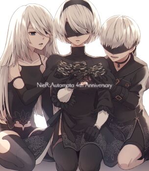 1boy 2b_(nier:automata) 2girls 9s_(nier:automata) a2_(nier:automata) absurdres android black_dress black_gloves black_hairband black_thighhighs blindfold blue_eyes clothing_cutout covered_eyes dress elbow_gloves gloves hairband highres long_hair long_sleeves mole mole_under_mouth multiple_girls nier:automata nier_(series) puffy_sleeves short_hair tamakingx422x thighhighs white_hair