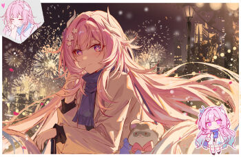 1girl aerial_fireworks alternate_costume chibi closed_mouth cyrene_(honkai:_star_rail) cyrene_(ripples_of_past_reverie)_(honkai:_star_rail) fireworks floating_hair hair_ornament hand_up heart highres honkai:_star_rail honkai_(series) long_hair long_sleeves looking_at_viewer multiple_views night night_sky purple_eyes sky smile star_(symbol) star_hair_ornament upper_body very_long_hair winter_clothes yajuu