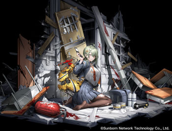 1girl ahoge bag baseball_bat battery belt black_background black_belt black_choker black_pantyhose blazer blood blue_bag blue_jacket blue_skirt bottle breasts broken_window can cellphone choker classroom collared_shirt copyright_notice de_lacey_(faraway_hotline)_(neural_cloud) de_lacey_(neural_cloud) desk door faux_figurine fire_extinguisher flashlight flip_phone from_side full_body girls&#039;_frontline girls&#039;_frontline_neural_cloud green_hair grin hair_between_eyes hair_ornament hand_up highres holding holding_phone id_card jacket large_breasts looking_at_viewer mechanical_tail miniskirt mole mole_under_mouth multicolored_eyes necktie no_shoes official_alternate_costume official_art open_bag open_clothes open_jacket orange_necktie pantyhose phone pleated_skirt purple_eyes red_eyes rubble ruins scar scar_on_face school_bag school_desk school_uniform shirt shirt_tucked_in skirt smile solo symbol-shaped_pupils tail teeth tented_shirt torn_clothes torn_jacket torn_pantyhose vinegar_kira water_bottle white_shirt x_hair_ornament