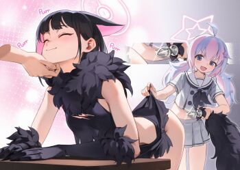 2girls anal_beads anal_tail animal_ears black_claws black_hair black_tail blue_archive butt_plug cat_ears closed_eyes clothes_lift colored_inner_animal_ears colored_inner_hair extra_ears fake_claws fake_tail fur-trimmed_gloves fur_scarf fur_sleeves fur_trim gloves grey_serafuku hair_ornament halloween_costume halo hand_on_another&#039;s_chin highres imminent_penetration kazusa_(blue_archive) kazusa_(halloween)_(blue_archive) kyuri_tizu lifting_another&#039;s_clothes multicolored_hair multiple_girls pink_hair pink_halo reisa_(blue_archive) school_uniform serafuku skirt skirt_lift smile solo_focus star_(symbol) star_hair_ornament star_halo tail torn_clothes torn_skirt two-tone_hair werewolf_costume
