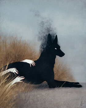animal animal_focus black_dog black_fur blank_eyes closed_mouth commentary dappermouth disembodied_hand dog ears_up english_commentary film_grain fog from_side grass grey_background grey_sky highres horror_(theme) looking_at_viewer lying no_pupils on_ground original outdoors outstretched_arms pale_skin realistic signature sky smoke surreal tall_grass white_eyes