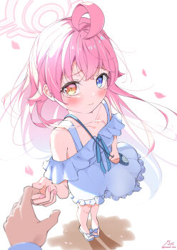 1girl 1other absurdres ahoge alternate_costume backlighting bag bare_shoulders blue_archive blue_eyes blush bow breasts closed_mouth collarbone commentary crossed_bangs dress eyelashes falling_petals floating_hair footwear_bow foreshortening frilled_dress frills full_body furrowed_brow hair_between_eyes hair_intakes halo handbag heterochromia highres holding_hands hoshino_(blue_archive) huge_ahoge long_hair looking_at_viewer muu3_illust nail_polish off-shoulder_dress off_shoulder outdoors petals pink_hair pink_halo pink_nails pov pov_hands sandals signature simple_background small_breasts smile solo_focus standing sundress twitter_username upturned_eyes very_long_hair white_background white_bow white_dress white_sandals wind yellow_eyes