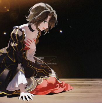 Rule 34 | 1girl, black dress, brown hair, commentary request, dress, furrowed brow, hand on own chest, highres, kimioharuka, kneeling, lens flare, open mouth, sad, solo, spoilers, umineko no naku koro ni, watermark, yasu (umineko), yellow eyes
