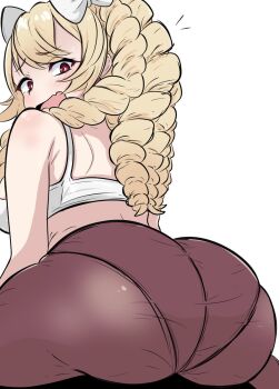 Rule 34 | 1girl, ass, ass focus, bare shoulders, blonde hair, blush, bow, breasts, brown pantyhose, crop top, fang, fire emblem, fire emblem awakening, from behind, hair bow, highres, looking back, maribelle (fire emblem), medium breasts, nintendo, panties, panties under pantyhose, pantyhose, red eyes, shoulder blades, sitting, skin fang, solo, tavi (hosheezus), underwear, white bow