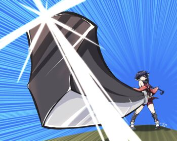 1girl animal_ears aquaplus bare_shoulders black_eyes blade blue_hair boots braid breasts closed_mouth collar full_body greatsword hair_between_eyes highres holding holding_sword holding_weapon karulau large_breasts long_hair long_sleeves motion_lines nose off_shoulder shine shorts sidelocks single_braid solo speed_lines sword takumi_ikumi thighs utawarerumono very_long_hair wavy_hair weapon