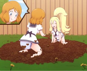 2girls artist_request ass blonde_hair diaper dirty korrina_(pokemon) lazyblazy mud multiple_girls nintendo outdoors playing pokemon school_uniform serafuku serena_(pokemon)