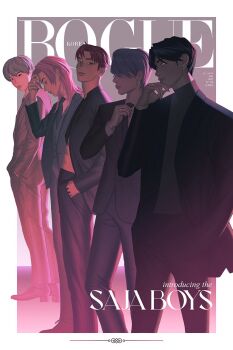 5boys abby_(kpop_demon_hunters) abs baby_(kpop_demon_hunters) black_hair black_jacket black_nails chuwenjie commentary cover earrings english_commentary fake_magazine_cover formal_clothes full_body group_name hand_in_pocket hands_in_pockets highres jacket jewelry jinu_(kpop_demon_hunters) kpop_demon_hunters magazine_cover male_focus medium_hair multiple_boys mystery_(kpop_demon_hunters) profile romance_(kpop_demon_hunters) short_hair suit yellow_eyes