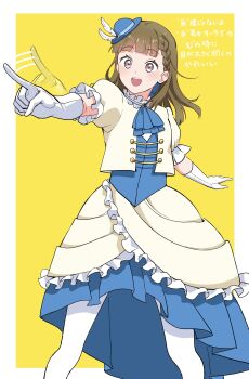 Rule 34 | 1girl, :d, absurdres, afterimage, ascot, blue ascot, blue hat, blue skirt, blue vest, border, braid, brown hair, center-flap bangs, commentary, elbow gloves, frilled skirt, frilled sleeves, frills, gloves, haguruma (89ru0), hana sakeba yume kakeru, hat, highres, jacket, kachimachi kosuzu, layered skirt, long hair, love live!, love live! hasu no sora jogakuin school idol club, love live! hasu no sora jogakuin school idol club bloom garden party, mini hat, open clothes, open jacket, open mouth, outside border, pantyhose, pink eyes, pointing, puffy short sleeves, puffy sleeves, short-sleeved jacket, short sleeves, side braids, simple background, skirt, smile, solo, teeth, tilted headwear, upper teeth only, vest, virtual youtuber, white border, white gloves, white jacket, white pantyhose, white skirt, yellow background