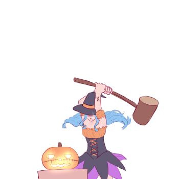 Rule 34 | 1girl, blue hair, caydeus, closed mouth, commentary, cross-laced clothes, cross tattoo, detached sleeves, dress, english commentary, floating hair, hammer, hat, holding, holding hammer, long hair, nefertari vivi, one piece, pumpkin, sidelocks, simple background, solo, sparkling eyes, tattoo, white background, witch hat