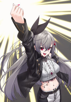1girl absurdres arm_up belt black_belt black_jacket commentary_request crop_top crown_hair_ornament deshihayashi18 fang grey_hair highres hololive hololive_dev_is isaki_riona isaki_riona_(1st_costume) jacket long_hair midriff navel navel_piercing piercing pink_nails red_eyes skin_fang virtual_youtuber