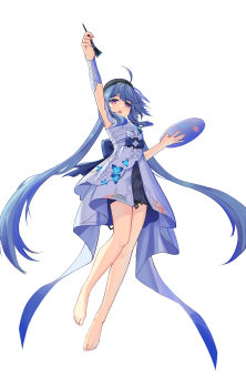1girl absurdres ahoge bare_legs barefoot beret breasts chinese_commentary commentary_request dress feet griseo griseo_(starry_impression) hat highres holding holding_paint_palette holding_paintbrush honkai_(series) honkai_impact_3rd humugo legs long_hair open_mouth paint_palette paintbrush purple_eyes simple_background small_breasts solo toes very_long_hair white_background white_dress
