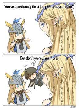 .osari 1girl blonde_hair blue_eyes cartethyia_(wuthering_waves) closed_mouth commentary crown_of_thorns earrings english_text hand_puppet highres jewelry long_hair male_rover_(wuthering_waves) multiple_earrings pointy_ears puppet rover_(wuthering_waves) sidelocks smile symbol-only_commentary wuthering_waves