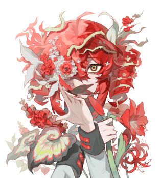 Rule 34 | 1girl, absurdres, ahoge, arm up, black butterfly, bud, bug, butterfly, commentary, covered mouth, covering own mouth, drill hair, english commentary, flower, flower over eye, green eyes, grey sleeves, hair between eyes, hair flower, hair ornament, hair ribbon, hibiscus, highres, holding, holding flower, insect, kasane teto, kasane teto (sv), killlb, leaf, long sleeves, looking at viewer, material growth, multicolored butterfly, one eye covered, plant, plant growth, red butterfly, red flower, red hair, red nails, ribbon, simple background, sleeve cuffs, solo, synthesizer v, thorns, twin drills, utau, white background, white ribbon