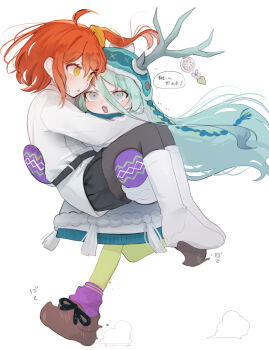 2girls ahoge antlers aqua_eyes aqua_hair black_pantyhose black_skirt boots carrying fate/grand_order fate_(series) fujimaru_ritsuka_(female) highres horns long_hair louhi_(fate) louhi_(second_ascension)_(fate) mittens multiple_girls one_side_up orange_eyes orange_hair pantyhose princess_carry purple_mittens running skirt white_background white_boots woollen_cap yunu_nuyu