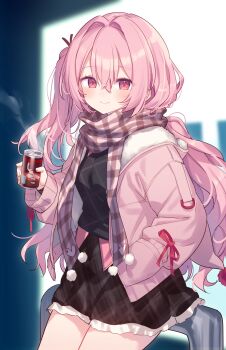 Rule 34 | 1girl, absurdres, black shirt, black skirt, blush, can, closed mouth, commentary, commission, double-parted bangs, drink can, frilled skirt, frills, hair between eyes, highres, hiraga matsuri, holding, holding can, jacket, long hair, long sleeves, looking at viewer, miniskirt, open clothes, open jacket, original, pink hair, pink jacket, pink scarf, plaid clothes, plaid scarf, plaid skirt, red eyes, scarf, shirt, skeb commission, skirt, smile, solo