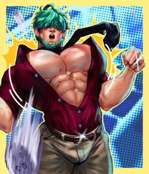 Rule 34 | 1boy, abs, alternate design, bara, bare pectorals, beard, belt, bulge, bursting pectorals, carless (ppanic), commentary, commission, english commentary, facial hair, fire emblem, fire emblem: the blazing blade, glint, grey hair, hair over eyes, highres, huge pectorals, jewelry, lowen (fire emblem), male focus, muscular, muscular male, nintendo, open mouth, partially unbuttoned, pectorals, ring, short hair, solo, veins
