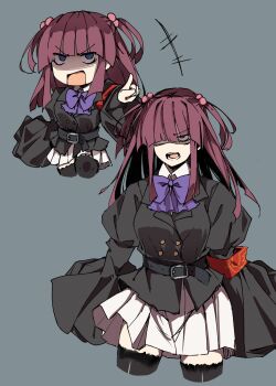 Rule 34 | +++, 1girl, angry, armband, belt, black jacket, black thighhighs, blue eyes, blunt bangs, blunt ends, bow, breasts, buttons, collared shirt, commentary, cropped legs, deformed, empty eyes, grey background, hair bobbles, hair ornament, hand up, hashtag-only commentary, highres, index finger raised, jacket, juliet sleeves, lapels, long sleeves, medium breasts, medium hair, multiple views, no nose, no pupils, open mouth, partially shaded face, pleated skirt, puffy sleeves, purple bow, red armband, red hair, shirt, short twintails, shouting, skirt, sleeves past fingers, sleeves past wrists, solo, sweater 701, teeth, thighhighs, tongue, twintails, umineko no naku koro ni, ushiromiya ange, v-shaped eyebrows, white shirt, white skirt, zettai ryouiki