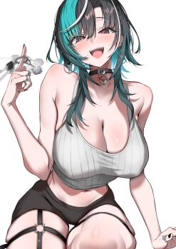 1girl :d absurdres aqua_hair black_choker black_hair black_shorts braid braided_bangs breasts choker cleavage covered_erect_nipples crop_top earrings garter_straps grey_tank_top hand_up highres hololive hololive_dev_is jewelry large_breasts long_hair looking_at_viewer midriff multicolored_hair navel o-ring o-ring_thigh_strap omoti_(1201208) open_mouth red_eyes ribbed_tank_top rindo_chihaya short_shorts shorts simple_background single_garter_strap sitting smile solo streaked_hair tank_top teeth thigh_strap upper_teeth_only virtual_youtuber white_background white_streaks