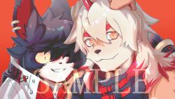 Rule 34 | 2boys, aak (arknights), arknights, arm around neck, black eyes, chinese commentary, colored sclera, colored tips, commentary request, dan (59736969), earrings, fang, furry, furry male, highres, horns, hung (arknights), jewelry, komainu boy, komainu ears, male focus, multicolored hair, multiple boys, orange background, orange eyes, sample watermark, single horn, skin fang, smile, upper body, watermark, yellow sclera