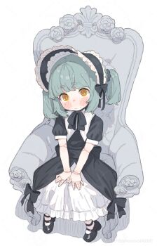 1girl absurdres black_dress bonnet commentary commission doll_joints dress english_commentary highres joints lolita_fashion original possummachine sitting solo twintails white_background